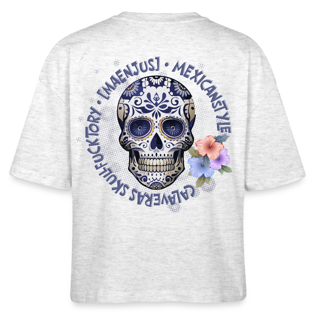 Frauen Boxy Bio-T-Shirt mit MAENJUS MEXICANSTYLE PRINT Vorder- und Rückseite - Weiß meliert