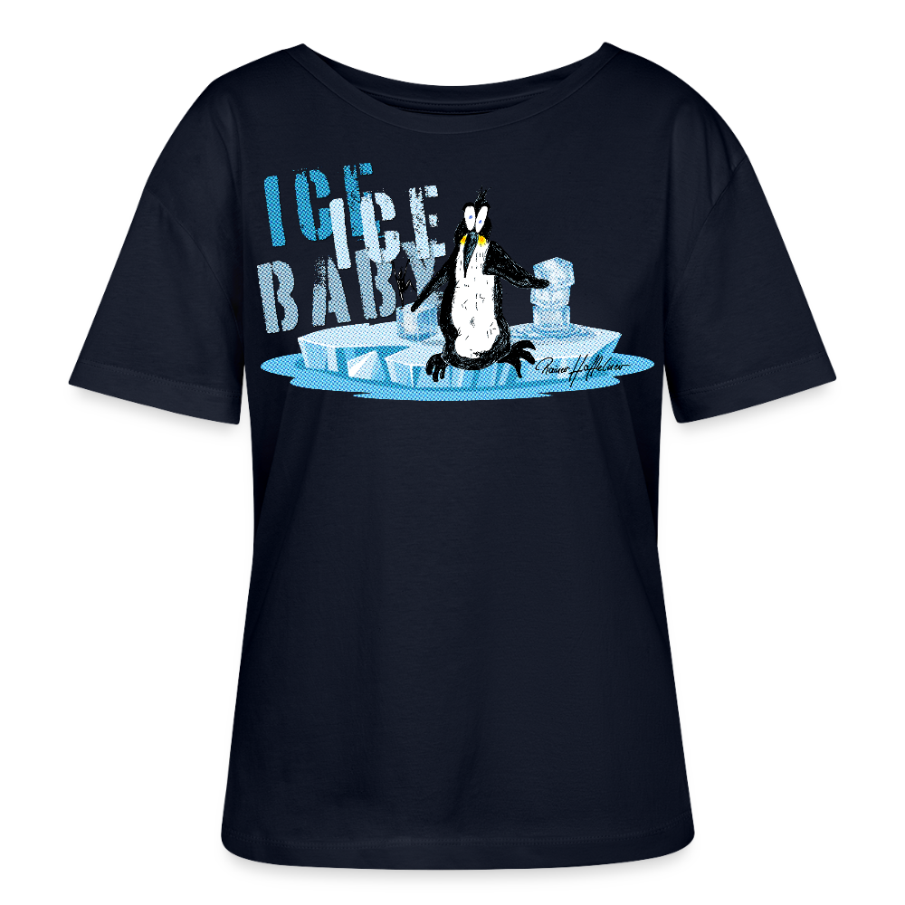 Relaxed Rundhals Frauen Bio-T-Shirt mit ICE ICE BABY PINGUIN PRINT - Navy