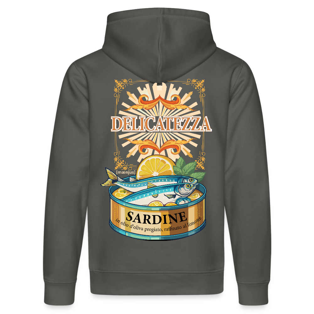Unisex Bio-Hoodie mit DELICATEZZA SARDINE PRINT Vorder- und Rückseite - Anthrazit