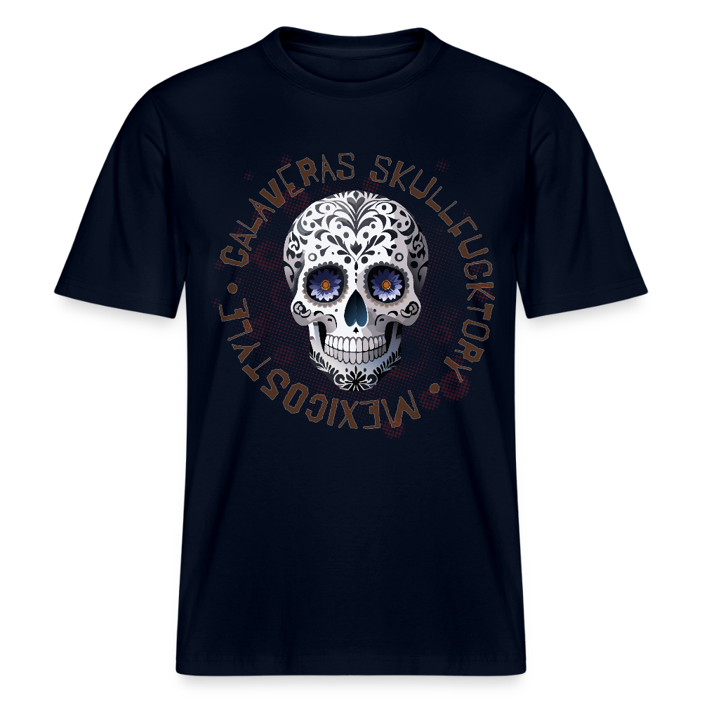 Relaxed Fit Unisex Bio-T-Shirt mit CALAVERAS SKULL PRINT Vorderseite - Navy