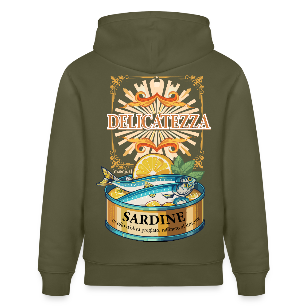 Unisex Hoodie mit DELICATEZZA SARDINE PRINT Vorder- und Rückseite - Khaki Grün