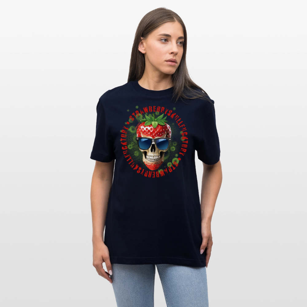 Relaxed Fit Unisex Bio-T-Shirt mit STRAWBERRY SKULL PRINT Vorderseite - Navy