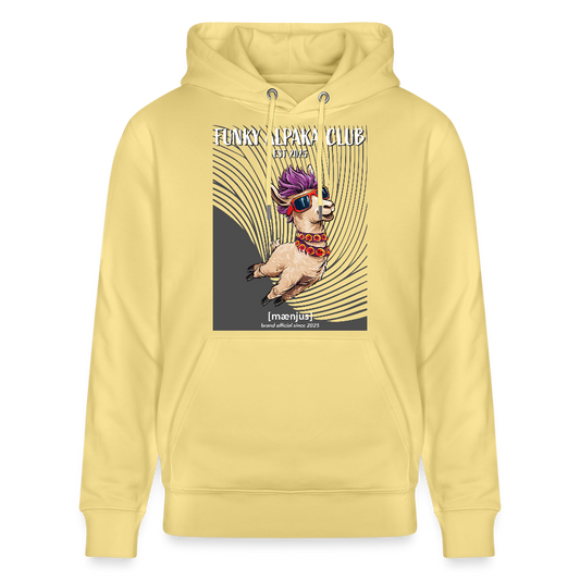 Unisex Bio-Hoodie mit FUNKY ALPAKA CLUB PRINT Vorderseite - Gelb Viva 