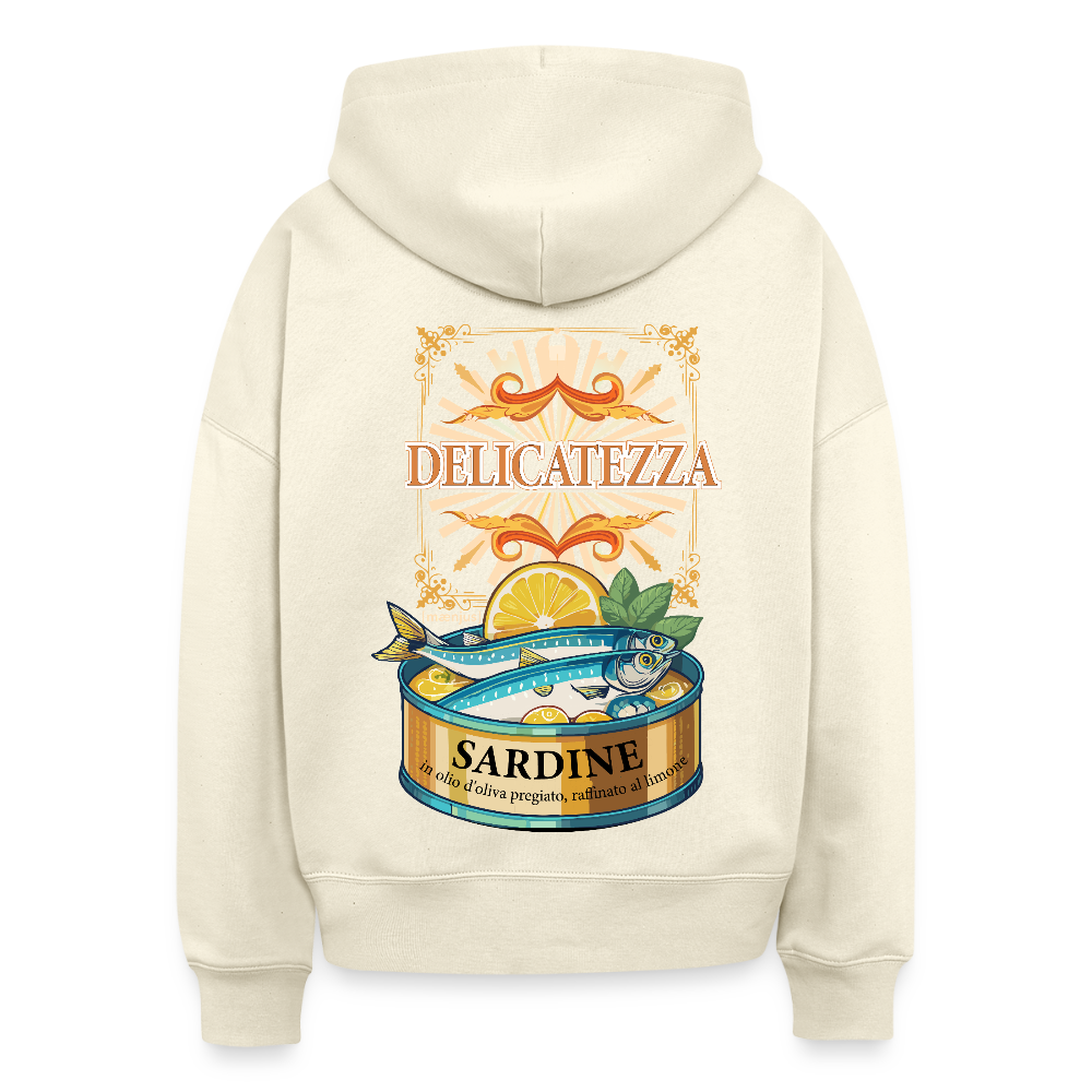 Boxy Frauen Bio Hoodie mit DELIKATEZZA SARDINE PRINT Vorder- und RÜCKSEITE - Weißgrau