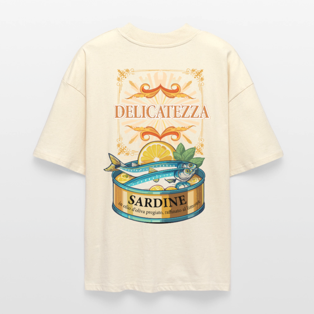 Oversized Unisex T-Shirt mit DELICATEZZA SARDINE PRINT Vorder- und Rückseite - Weißgrau
