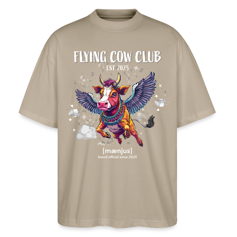 Oversized Unisex Bio T-Shirt mit FLYING COW CLUB PRINT Vorderseite - Steingrau