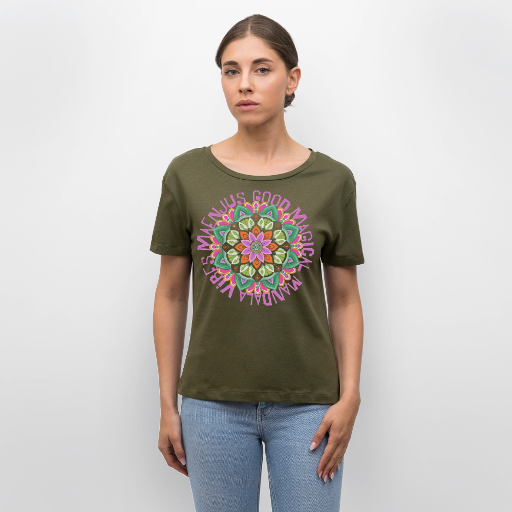 Rundhals Frauen Bio-T-Shirt mit Mandala Vibes PRINT - Khaki