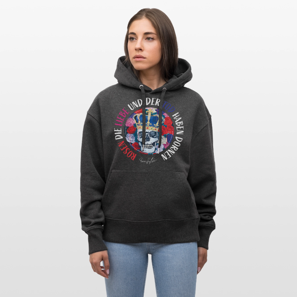 Unisex Relaxed Fit Bio-Hoodie mit ROSEN DIE LIEBE UND DER TOD HABEN DORNEN PRINT - Dunkelgrau meliert