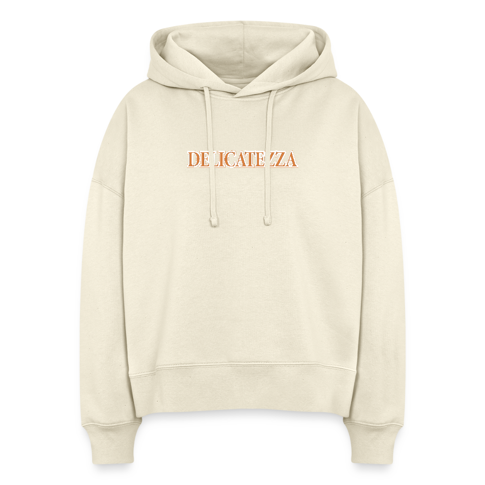 Boxy Frauen Bio Hoodie mit DELIKATEZZA SARDINE PRINT Vorder- und RÜCKSEITE - Weißgrau