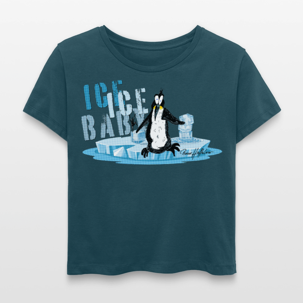 Relaxed Rundhals Frauen Bio-T-Shirt mit ICE ICE BABY PINGUIN PRINT - Dunkles Petrol