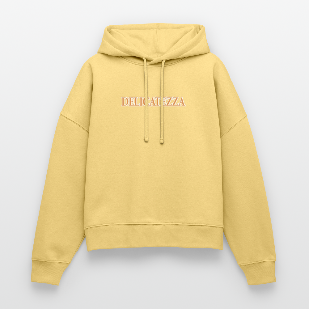 Boxy Frauen Bio Hoodie mit DELIKATEZZA SARDINE PRINT Vorder- und RÜCKSEITE - Hellgelb