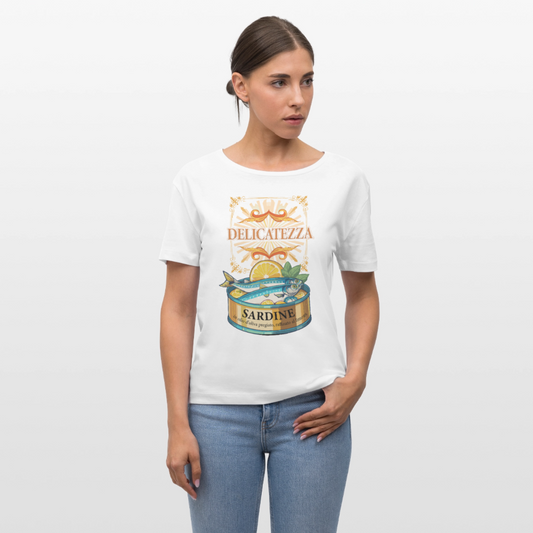 Rundhals Frauen Bio-T-Shirt mit DELICATEZZA SARDINE PRINT Vorderseite - Weiß