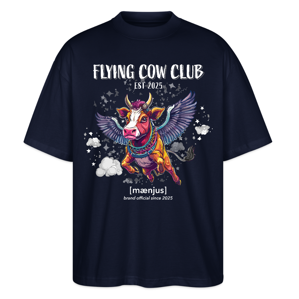Oversized Unisex Bio T-Shirt mit FLYING COW CLUB PRINT Vorderseite - Navy
