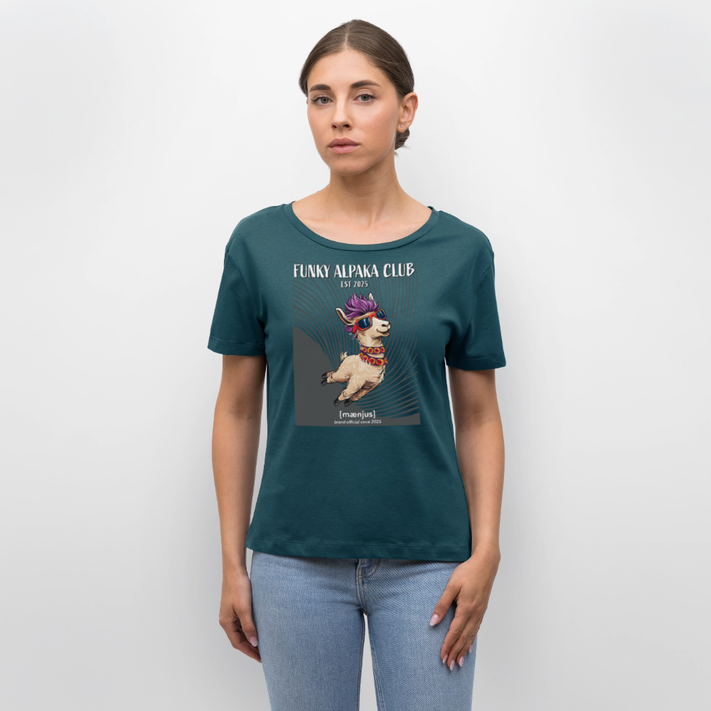Relaxed Rundhals Frauen Bio-T-Shirt mit FUNKY ALPAKA CLUB PRINT - Dunkles Petrol