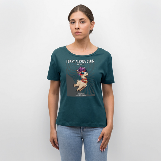 Relaxed Rundhals Frauen Bio-T-Shirt mit FUNKY ALPAKA CLUB PRINT - Dunkles Petrol