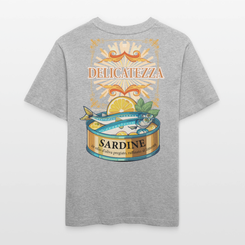Relaxed Fit Unisex Bio-T-Shirt mit DELICATEZZA SARDINE PRINT Vorder- und Rückseite - Grau meliert
