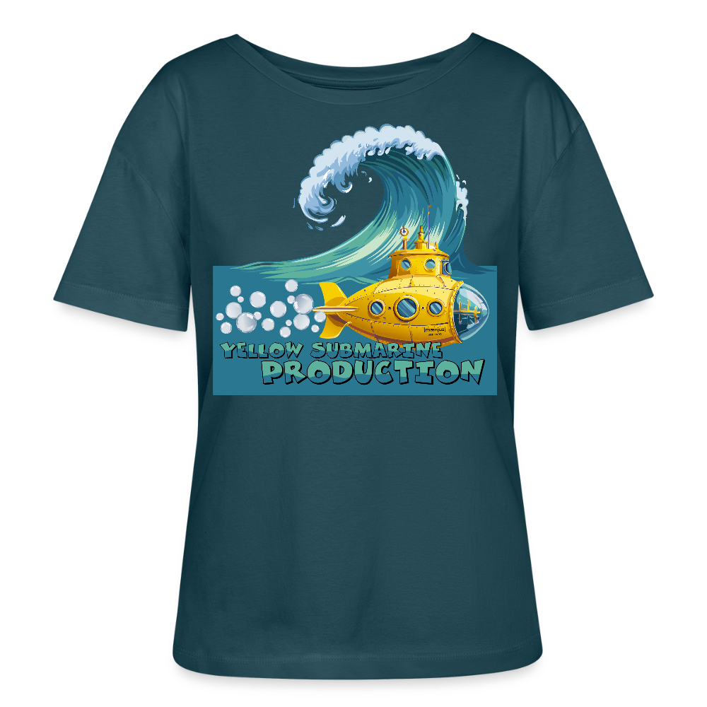 Relaxed Rundhals Frauen Bio-T-Shirt mit YELLOW SUBMARINE PRODUCTION PRINT - Dunkles Petrol