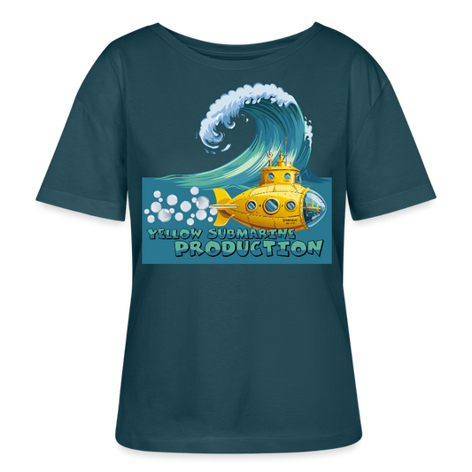 Relaxed Rundhals Frauen Bio-T-Shirt mit YELLOW SUBMARINE PRODUCTION PRINT - Dunkles Petrol