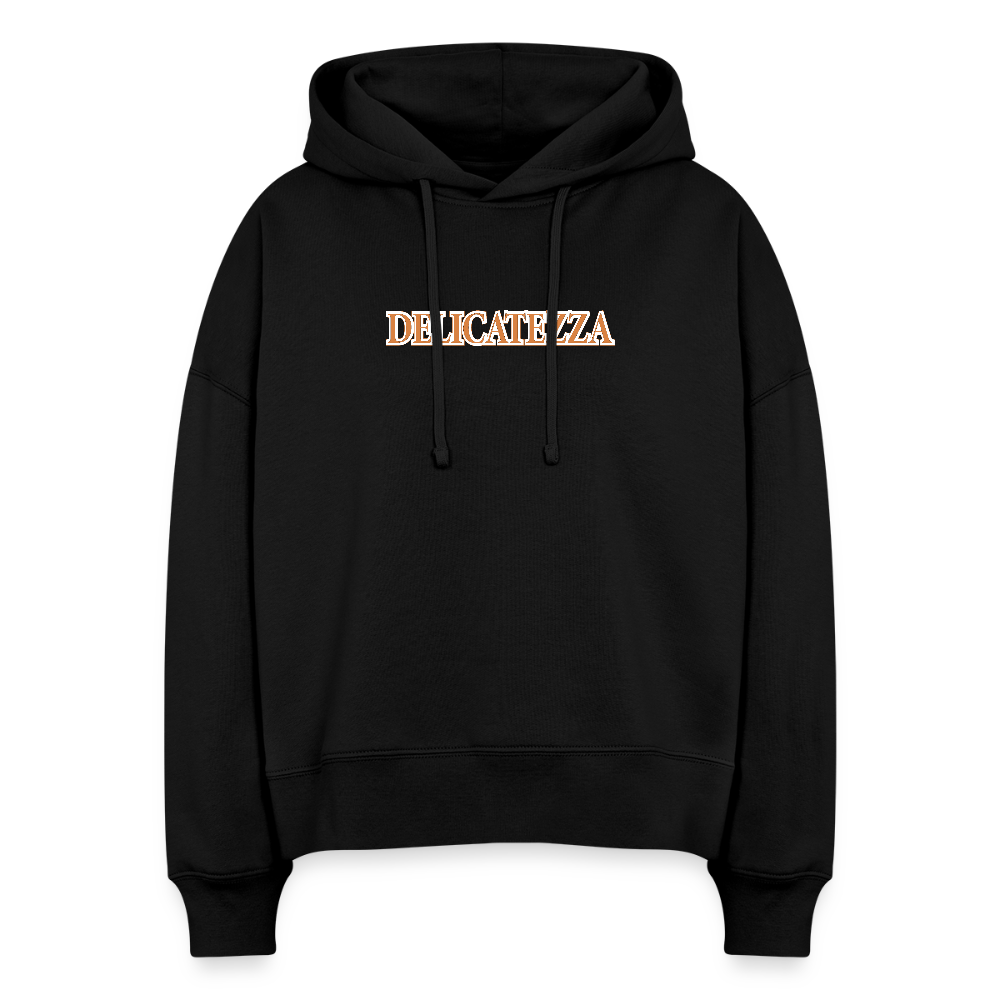 Boxy Frauen Bio Hoodie mit DELIKATEZZA SARDINE PRINT Vorder- und RÜCKSEITE - Schwarz