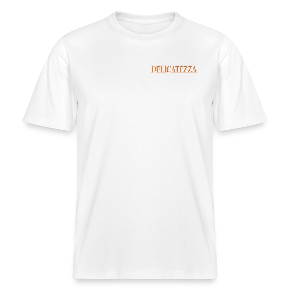 Relaxed Fit Unisex Bio-T-Shirt mit DELICATEZZA SARDINE PRINT Vorder- und Rückseite - Weiß
