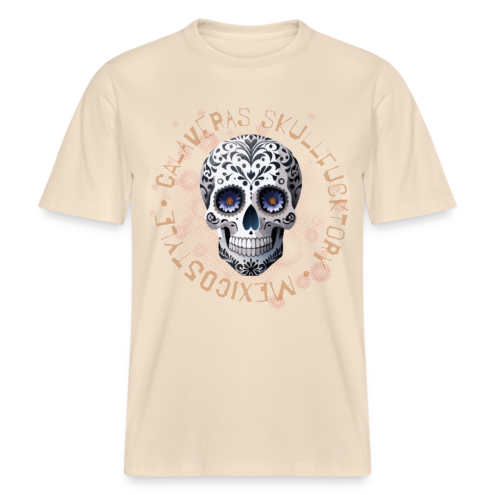 Relaxed Fit Unisex Bio-T-Shirt mit CALAVERAS SKULL PRINT Vorderseite - Weißgrau