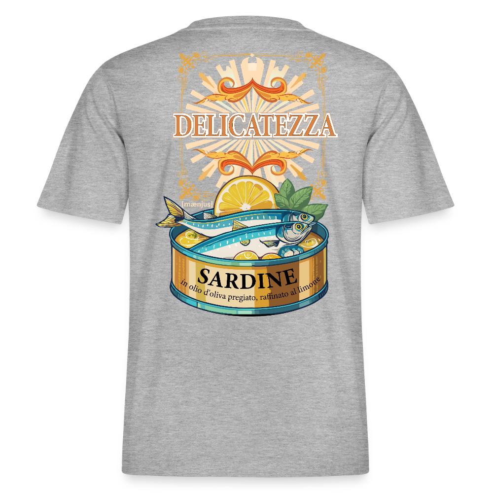 Relaxed Fit Unisex Bio-T-Shirt mit DELICATEZZA SARDINE PRINT Vorder- und Rückseite - Grau meliert