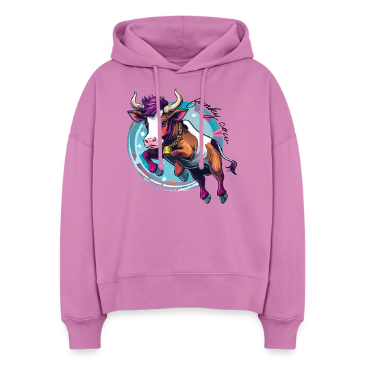 Boxy Frauen Bio Hoodie mit FUNKY COW PRINT - Pink