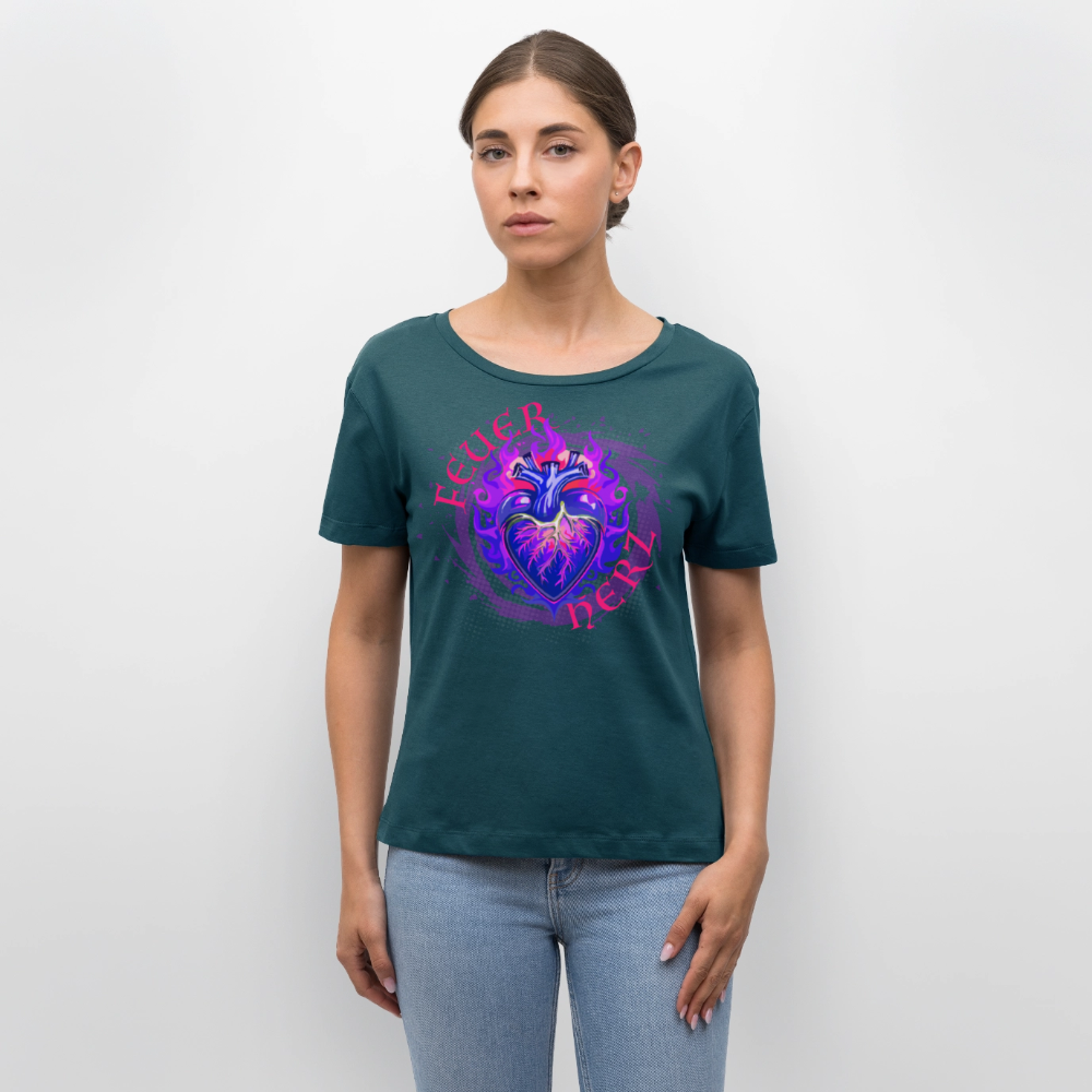Frauen T-Shirt mit FEUERHERZ LILA PRINT - Dunkles Petrol