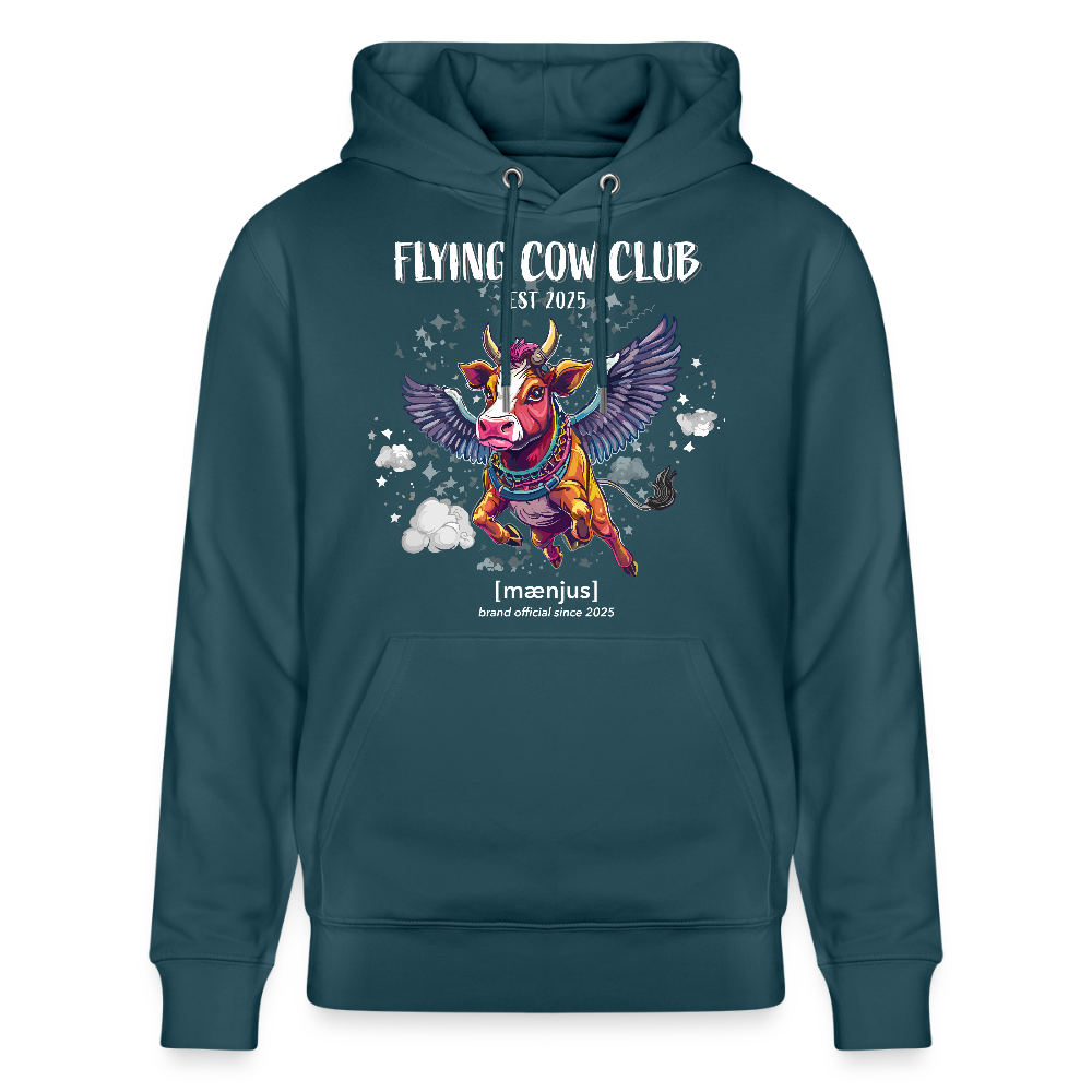 Unisex Bio-Hoodie mit FLYING COW CLUB PRINT Vorderseite - Dunkles Petrol