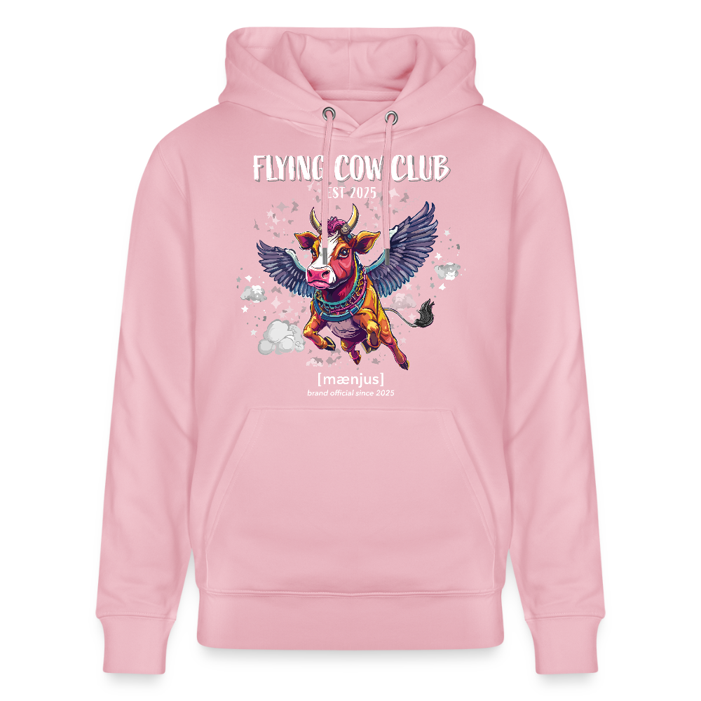 Unisex Bio-Hoodie mit FLYING COW CLUB PRINT Vorderseite - Hellrosa