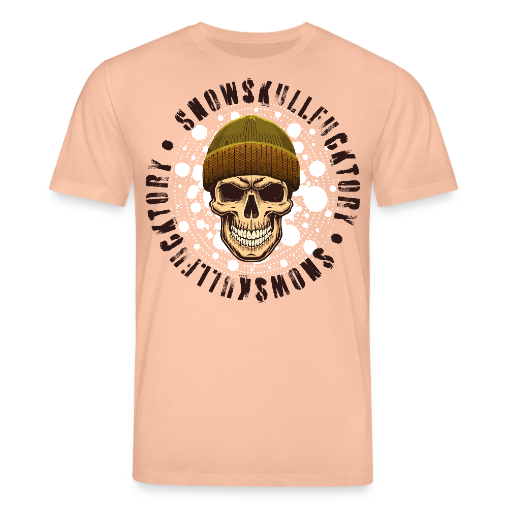 Unisex Bio-T-Shirt mit SNOWSKULL FUCKTORY PRINT Vorderseite - Pfirsich