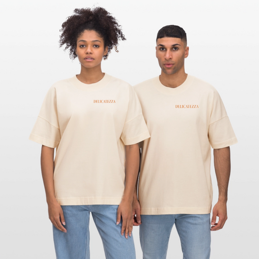 Oversized Unisex T-Shirt mit DELICATEZZA SARDINE PRINT Vorder- und Rückseite - Weißgrau