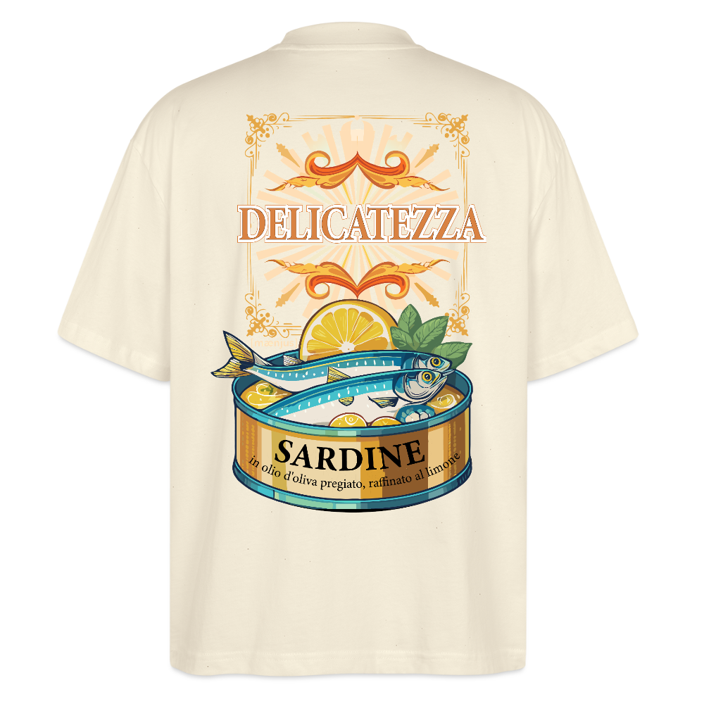 Oversized Unisex T-Shirt mit DELICATEZZA SARDINE PRINT Vorder- und Rückseite - Weißgrau