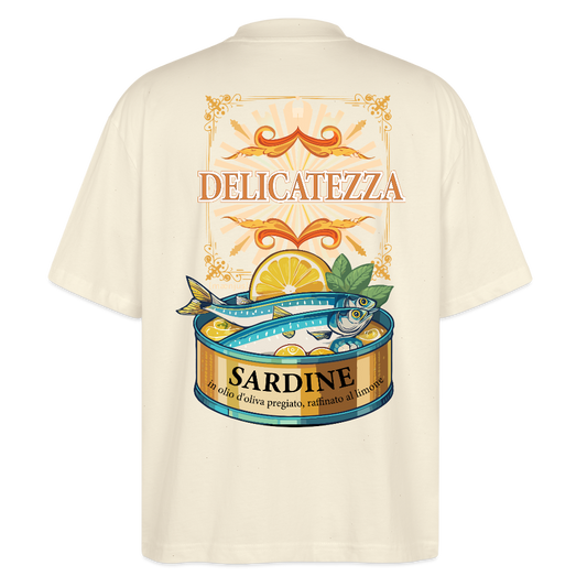 Oversized Unisex T-Shirt mit DELICATEZZA SARDINE PRINT Vorder- und Rückseite - Weißgrau