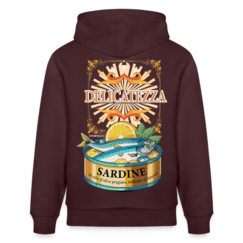 Unisex Hoodie mit DELICATEZZA SARDINE PRINT Vorder- und Rückseite - Maroon