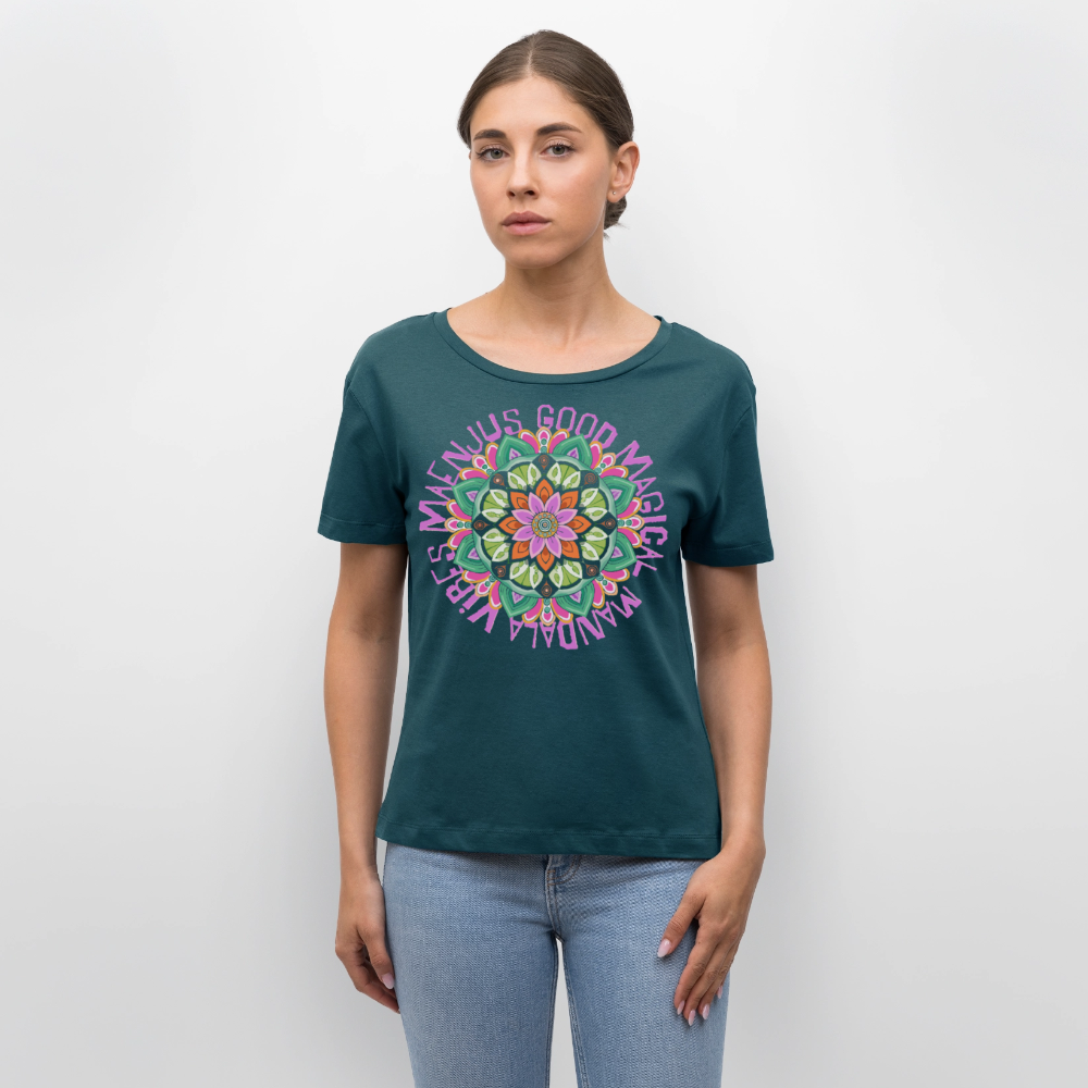 Rundhals Frauen Bio-T-Shirt mit Mandala Vibes PRINT - Dunkles Petrol