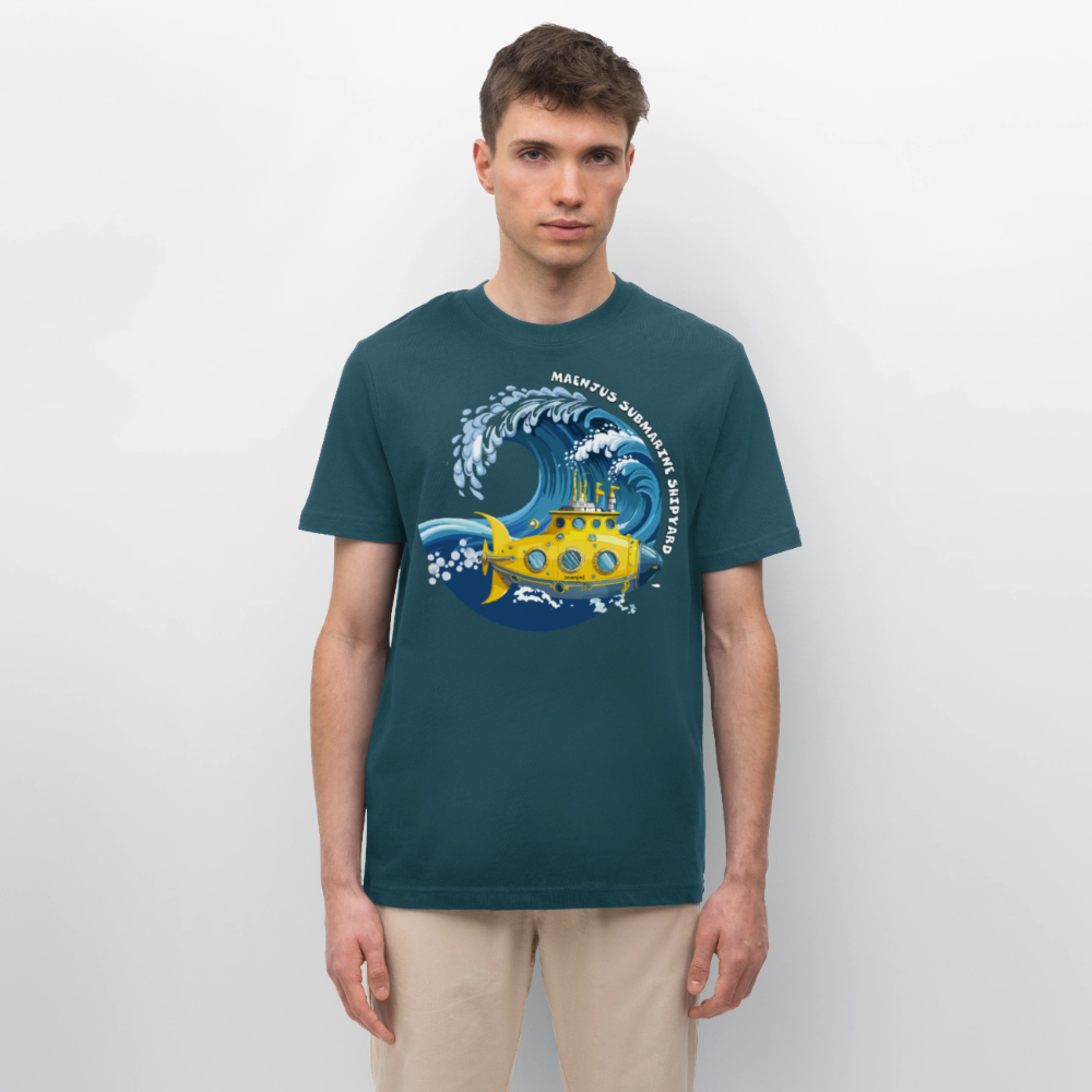 Unisex Bio-T-Shirt mit MAENJUS SUBMARINE SHIPYARD PRINT Vorderseite - Dunkles Petrol
