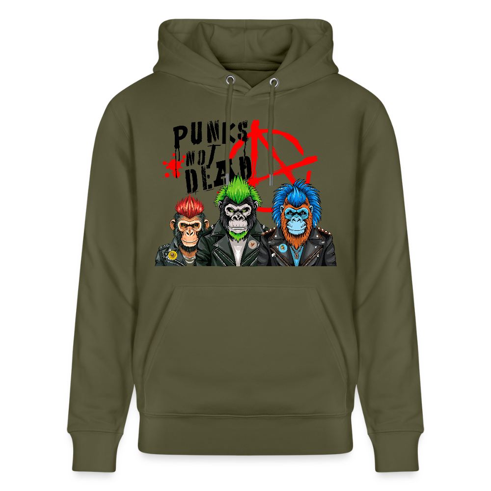 Unisex Hoodie mit PUNKS NOT DEAD PRINT - Khaki Grün