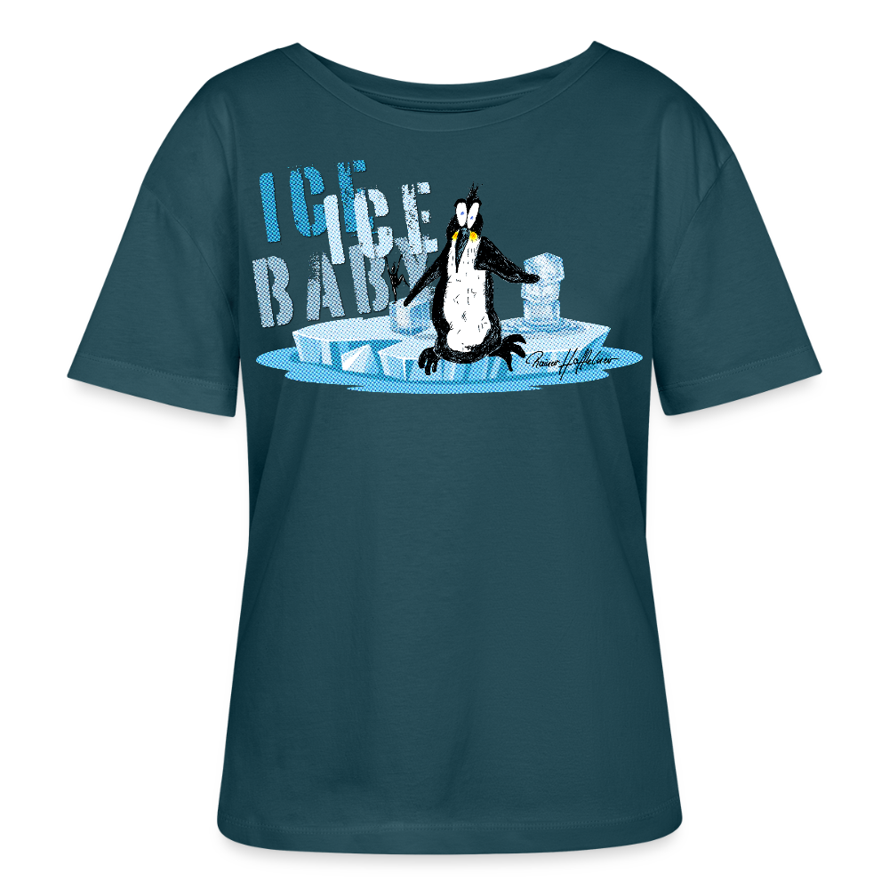 Relaxed Rundhals Frauen Bio-T-Shirt mit ICE ICE BABY PINGUIN PRINT - Dunkles Petrol