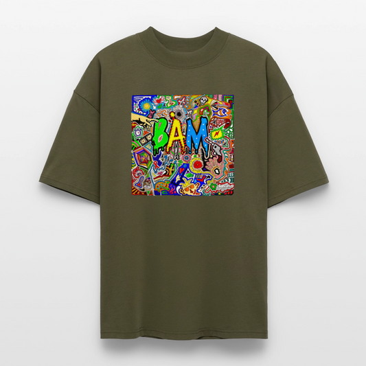 Oversized Unisex Bio T-Shirt mit BÄM PRINT Vorderseite - Khaki