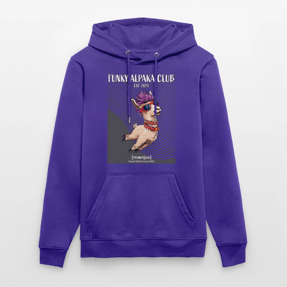 Unisex Bio-Hoodie mit FUNKY ALPAKA CLUB PRINT Vorderseite - Purple Love 