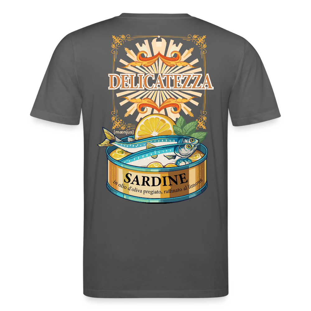 Unisex Bio-T-Shirt mit DELICATEZZA SARDINE PRINT Vorder- und Rückseite - Anthrazit