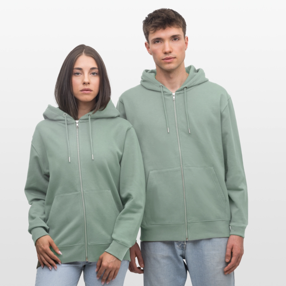 Unisex Bio-Kapuzenjacke mit DELICATEZZA PRINT Rückseite - Helles Graugrün