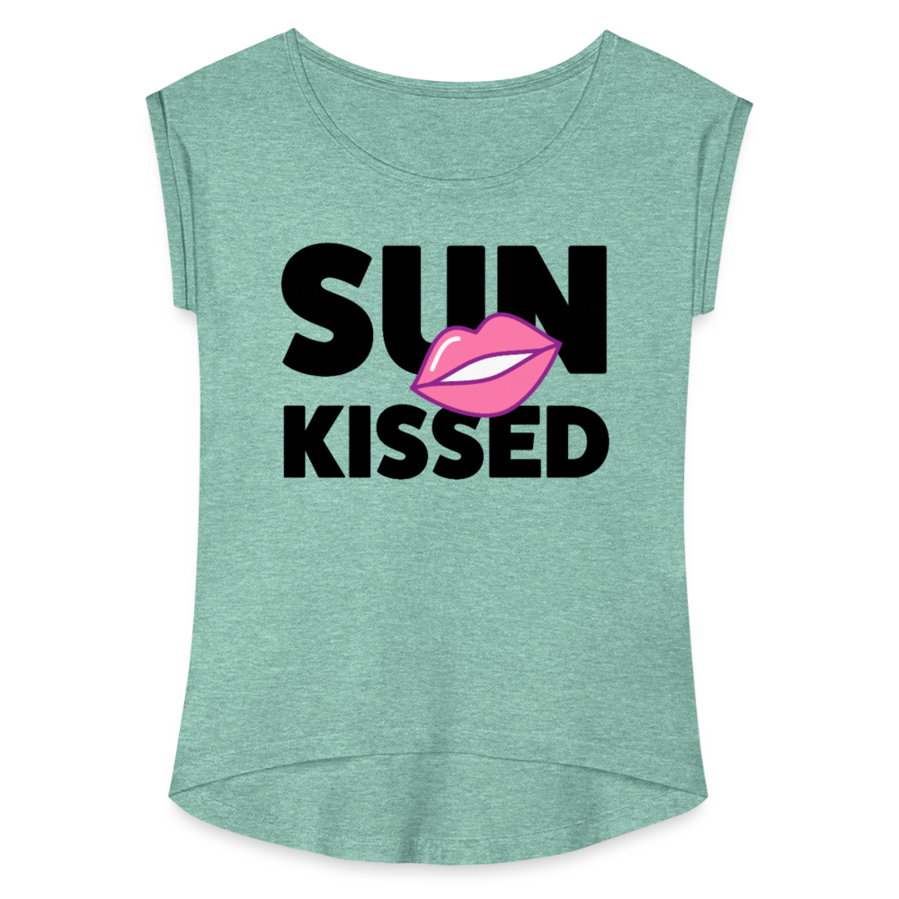 Frauen T-Shirt mit gerollten Ärmeln mit SUN KISSED PRINT - Minze meliert