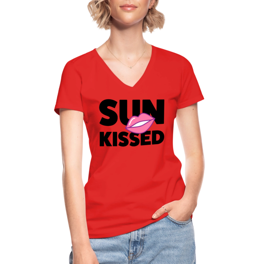 Klassisches Frauen-T-Shirt mit V-Ausschnitt mit SUN KISSED PRINT - Rot
