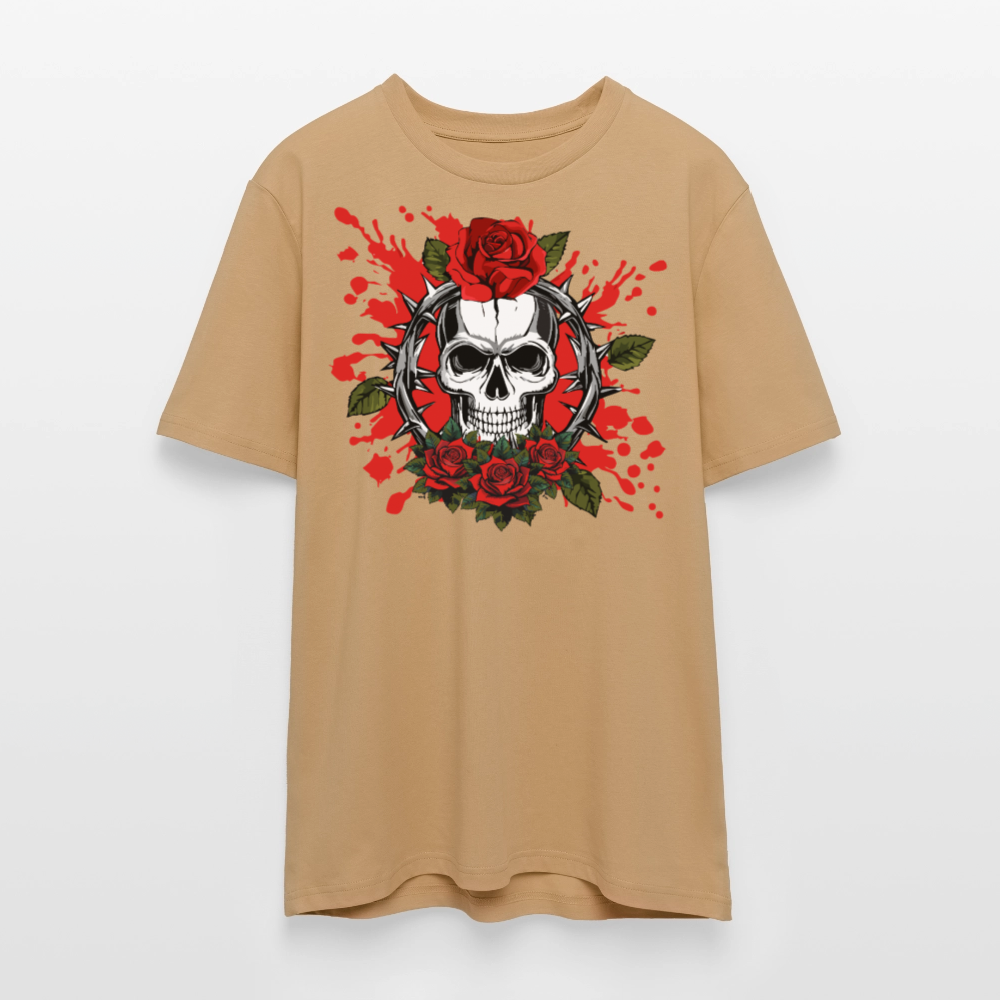 Unisex Bio-T-Shirt mit ROSEN SKULL PRINT Vorderseite - Karamell 