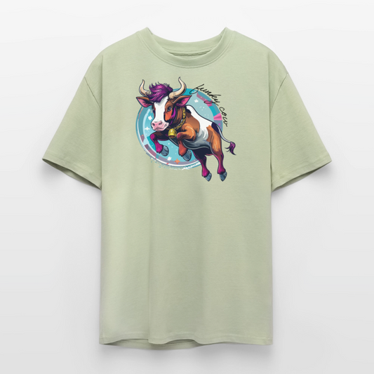 Heavy Oversize T-Shirt mit FUNKY COW PRINT - Leichtes Salbeigrün 