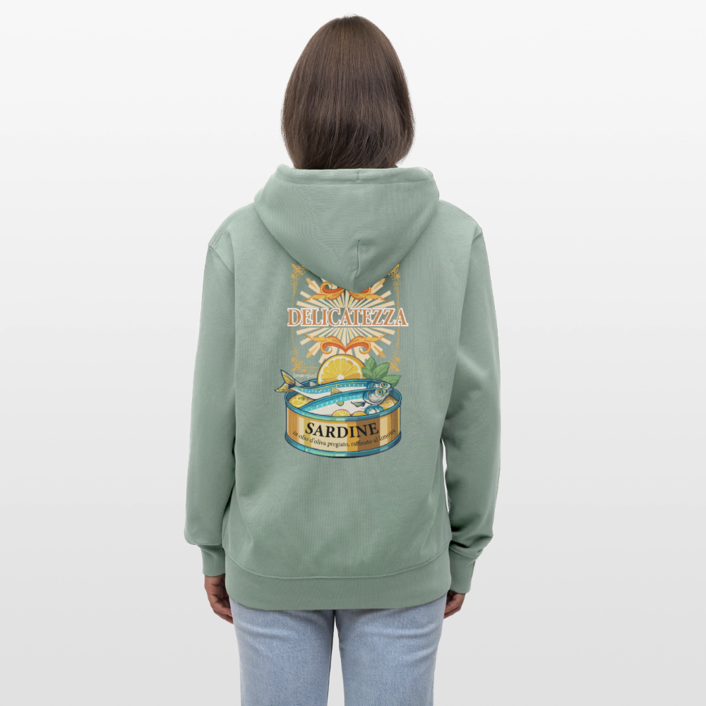 Unisex Bio-Kapuzenjacke mit DELICATEZZA PRINT Rückseite - Helles Graugrün