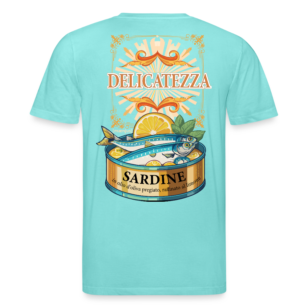 Unisex Bio-T-Shirt mit DELICATEZZA SARDINE PRINT Vorder- und Rückseite - Poolblau