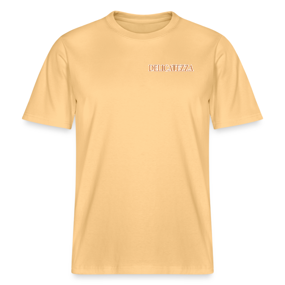 Relaxed Fit Unisex Bio-T-Shirt mit DELICATEZZA SARDINE PRINT Vorder- und Rückseite - Hellgelb